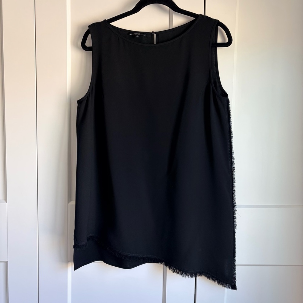 Lafayette 148 Black Sleeveless Asymmetrical Silk Top with Fringe | L